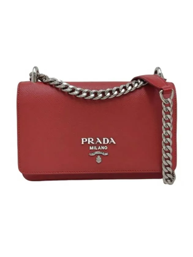 1BD144 Saffiano leather silver chain flap mini cross bag