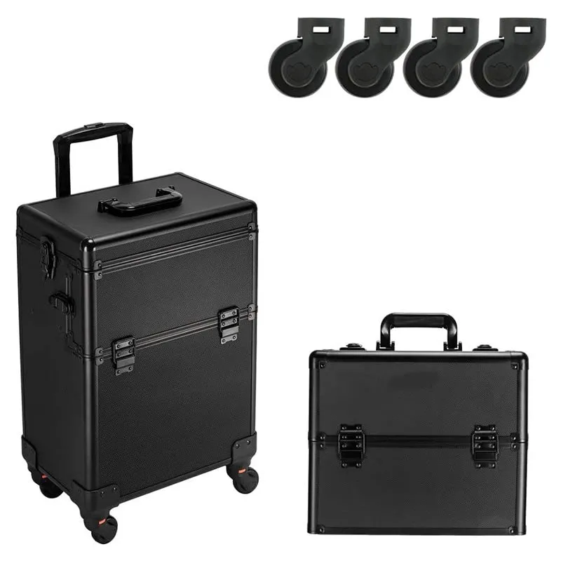 3 In 1 Professional Makeup Train Case With 360° Swivel Wheels -Y233Black