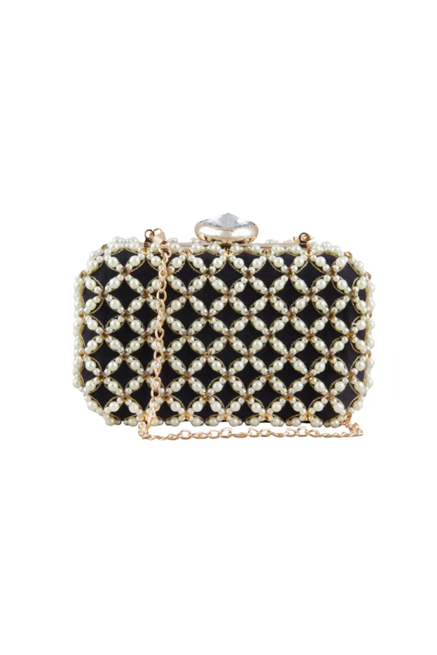 Black Pearl Embroidered Box Clutch