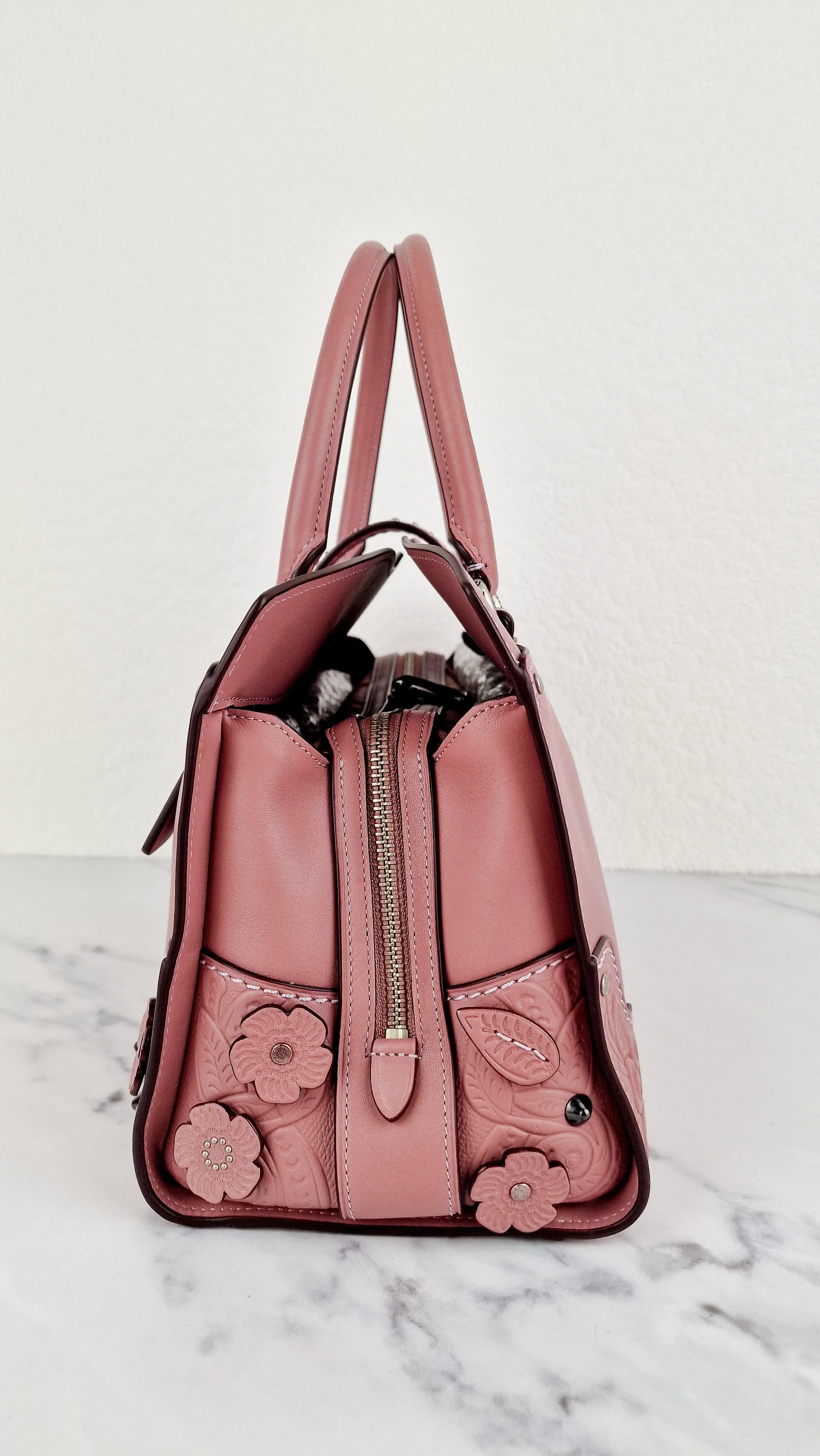 Coach Mercer Satchel 30 in Dusty Rose Pink with Tooled Leather Tea Roses - Floral Crossbody Bag Handbag - Coach 12031