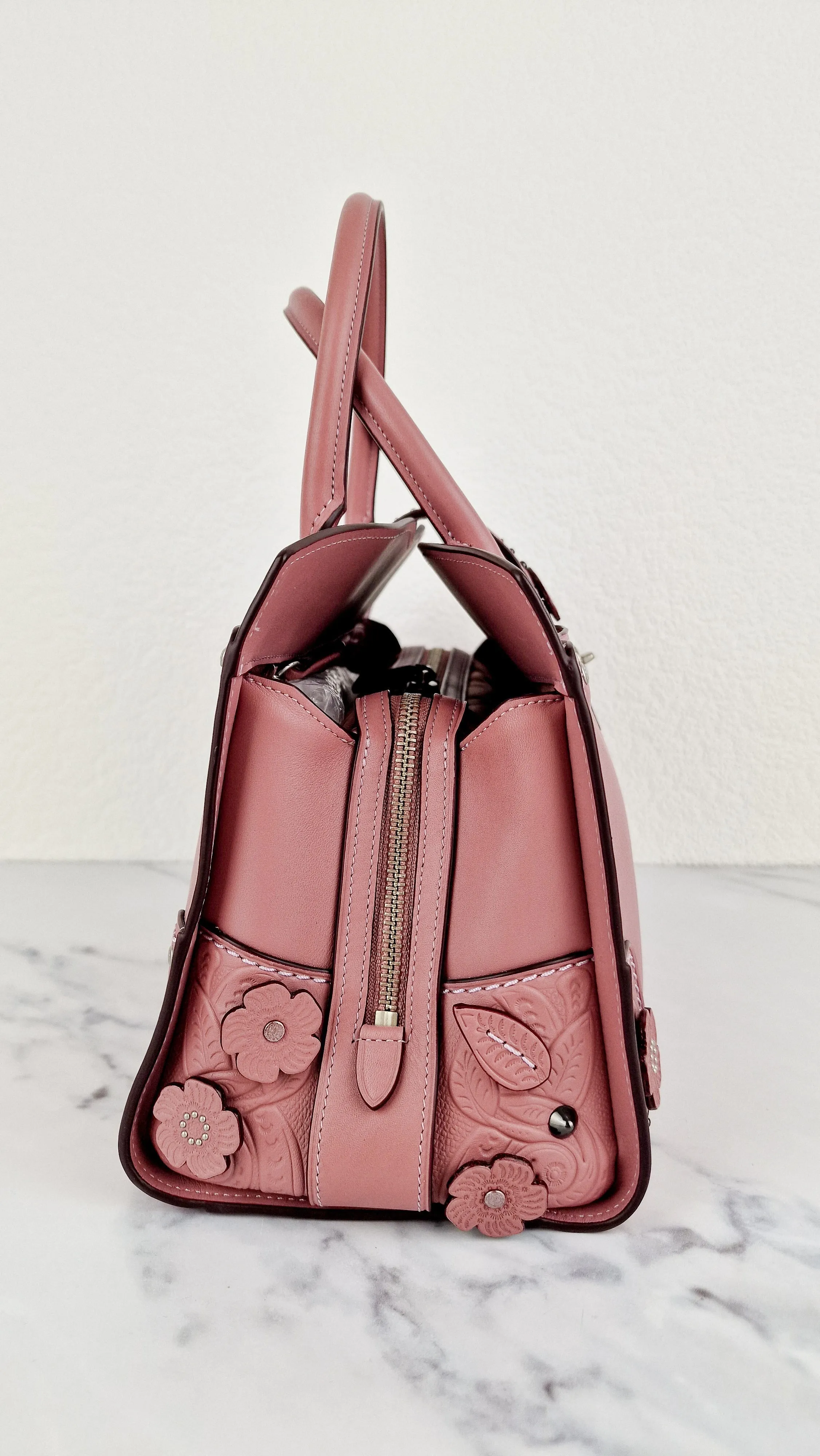 Coach Mercer Satchel 30 in Dusty Rose Pink with Tooled Leather Tea Roses - Floral Crossbody Bag Handbag - Coach 12031