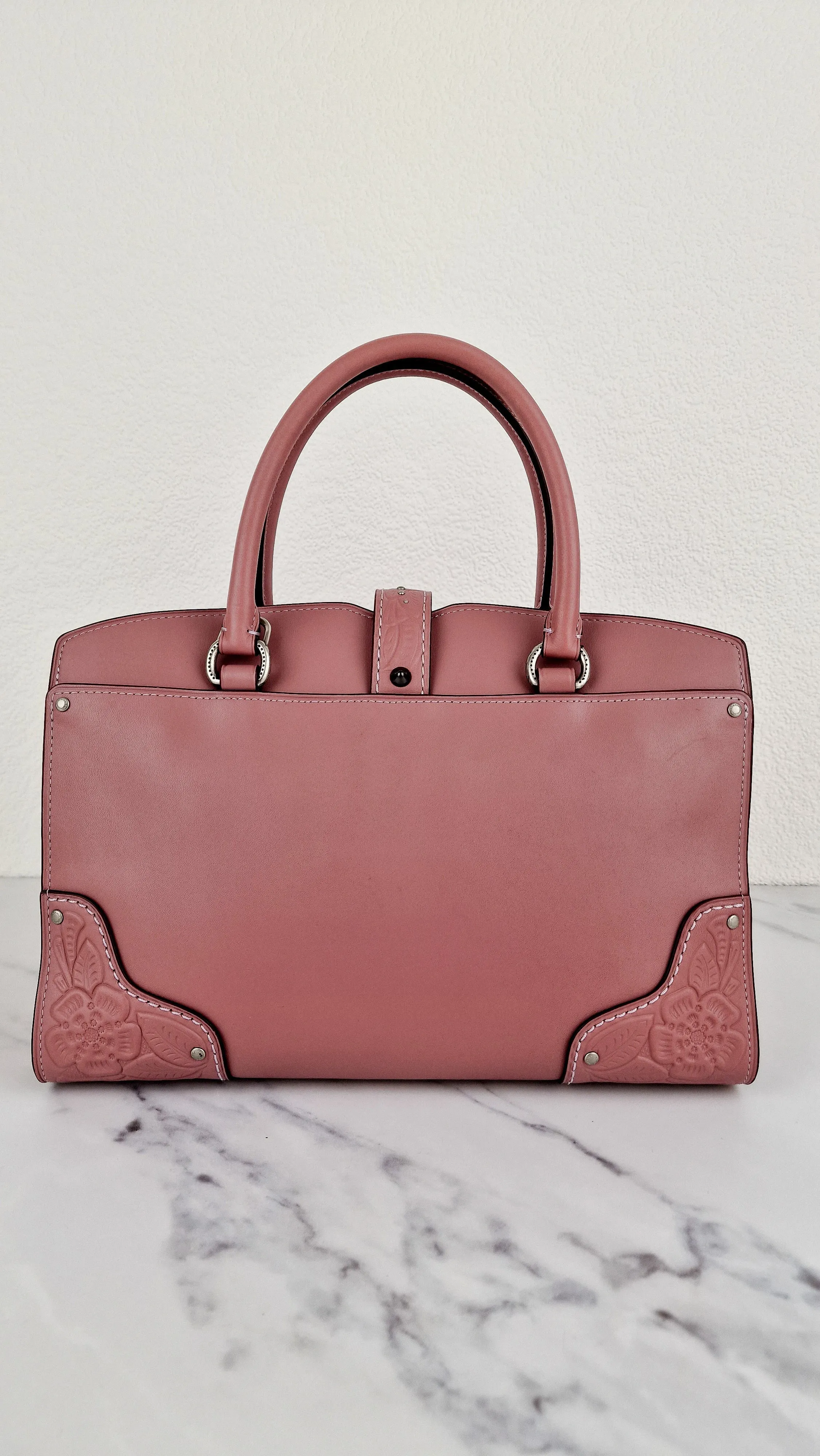 Coach Mercer Satchel 30 in Dusty Rose Pink with Tooled Leather Tea Roses - Floral Crossbody Bag Handbag - Coach 12031