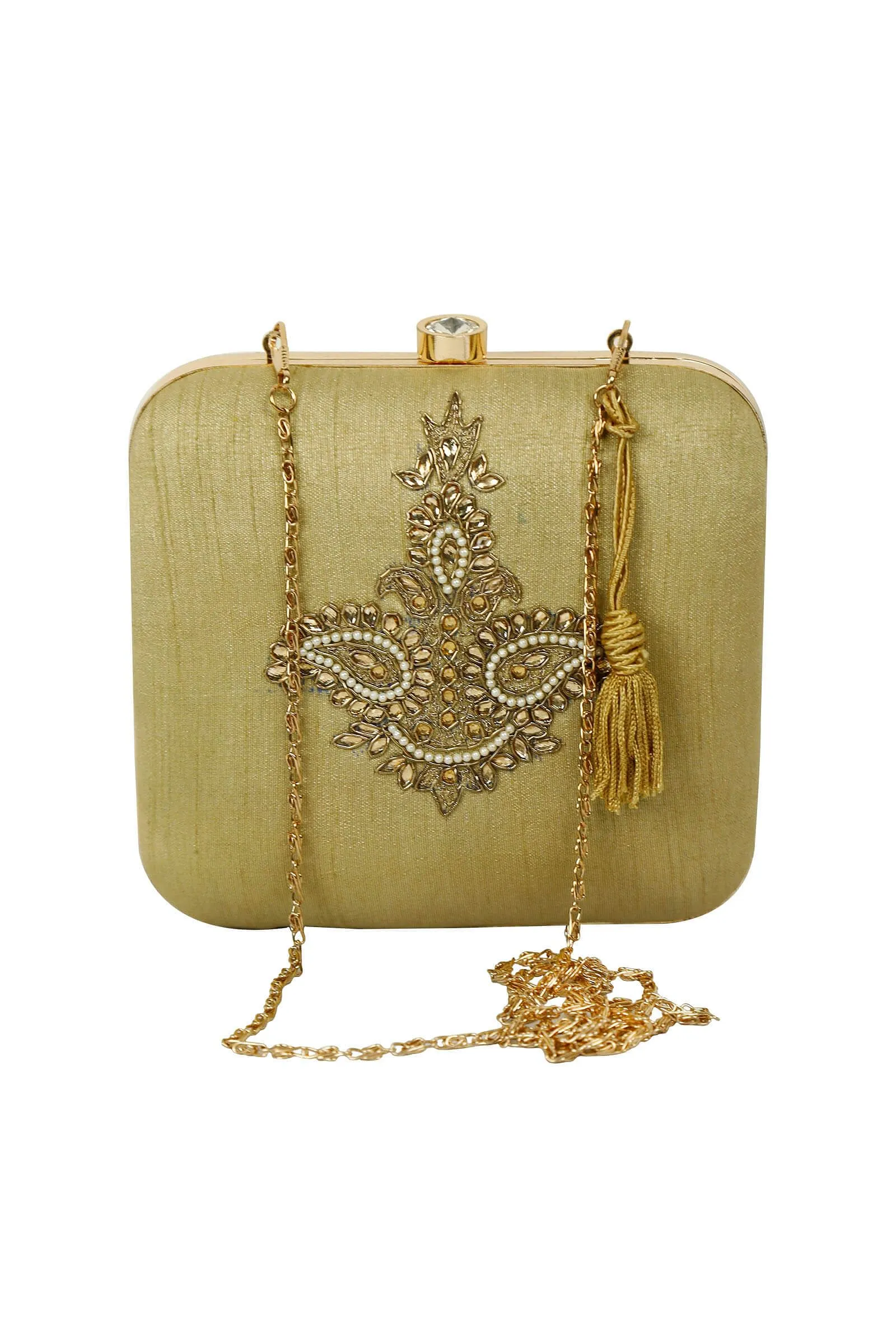 Cream Dabka Zari Embroidery Silk Box Clutch (6.5"x7"x2")