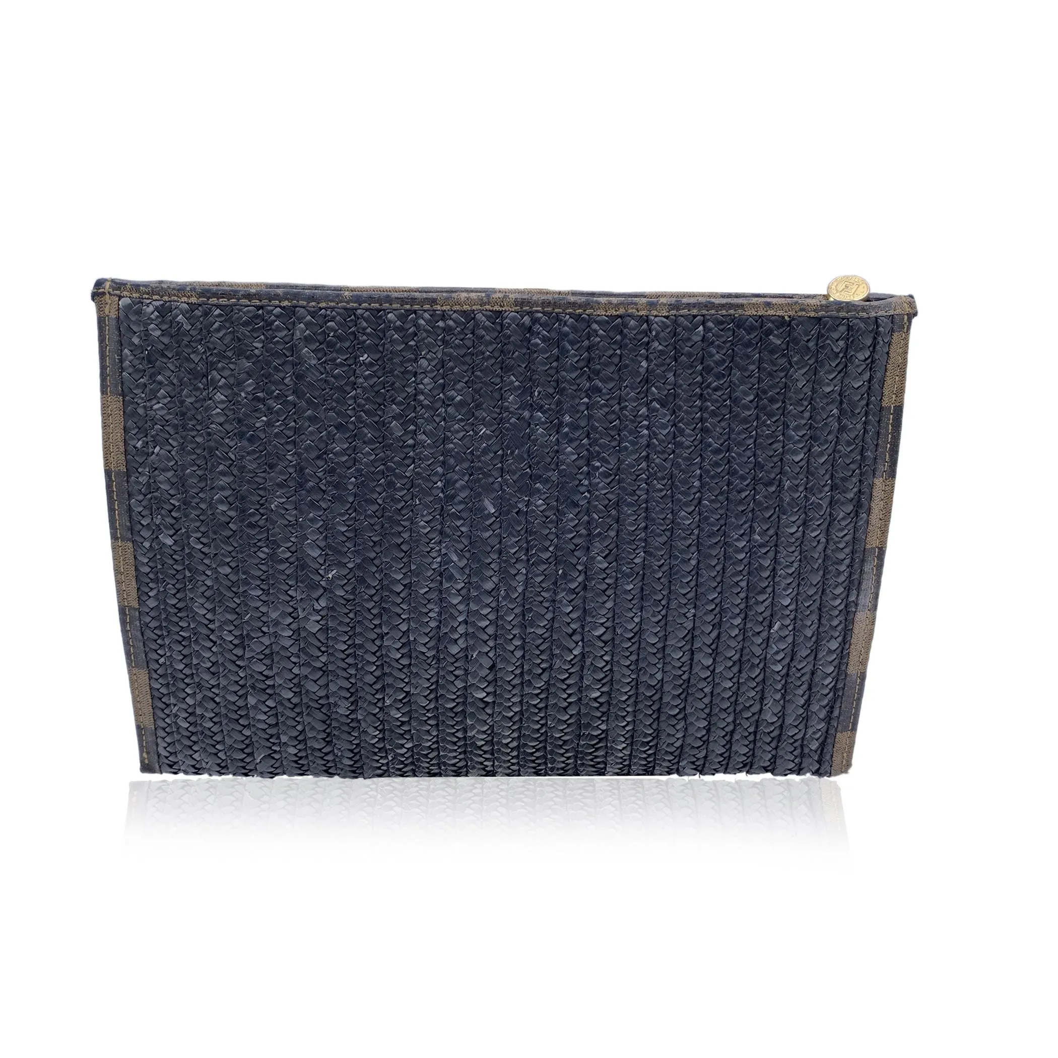 Fendi Vintage Black Woven Raffia Unisex Zip Pouch Clutch Bag