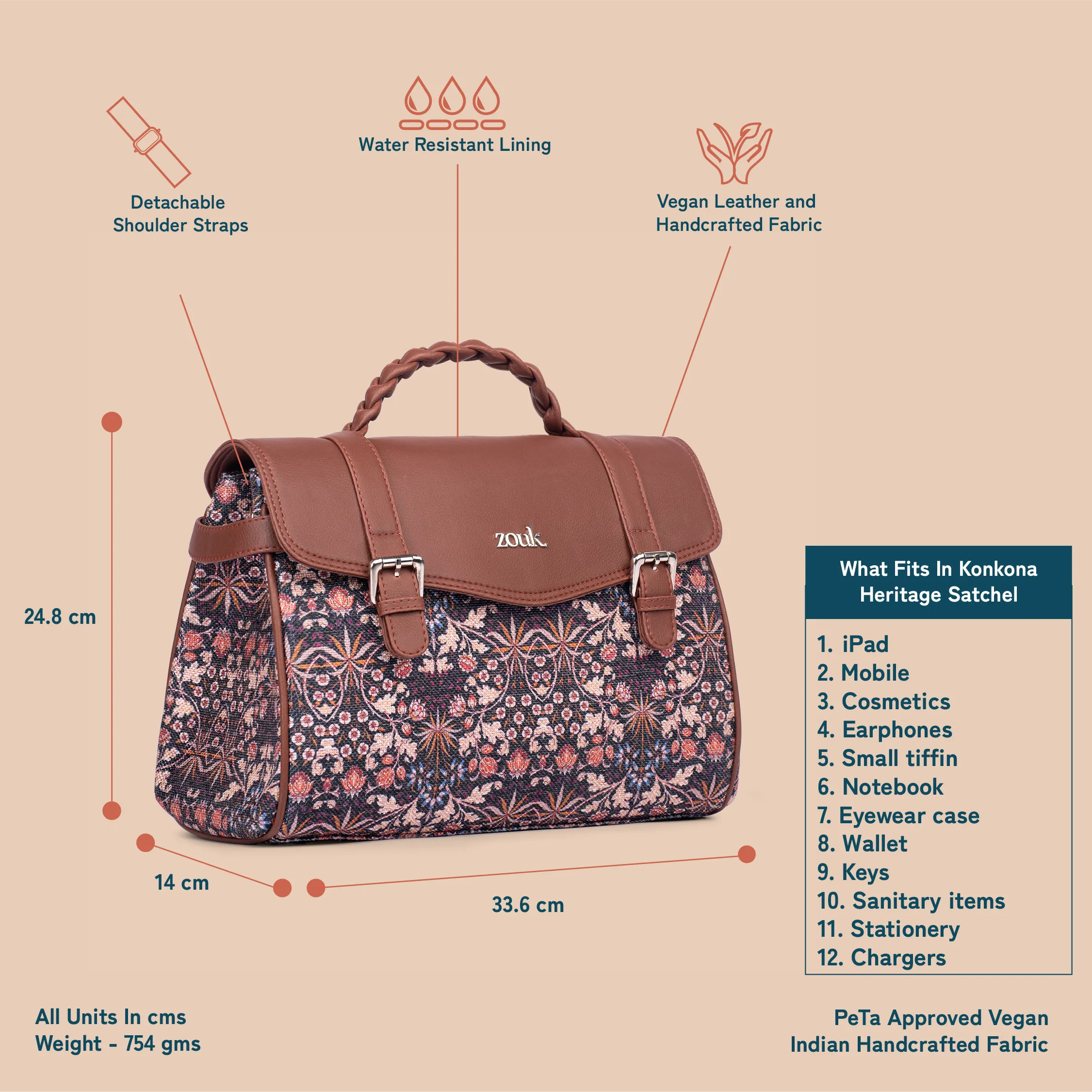 Konkona Heritage Satchel Bag - Kashmir Blooms