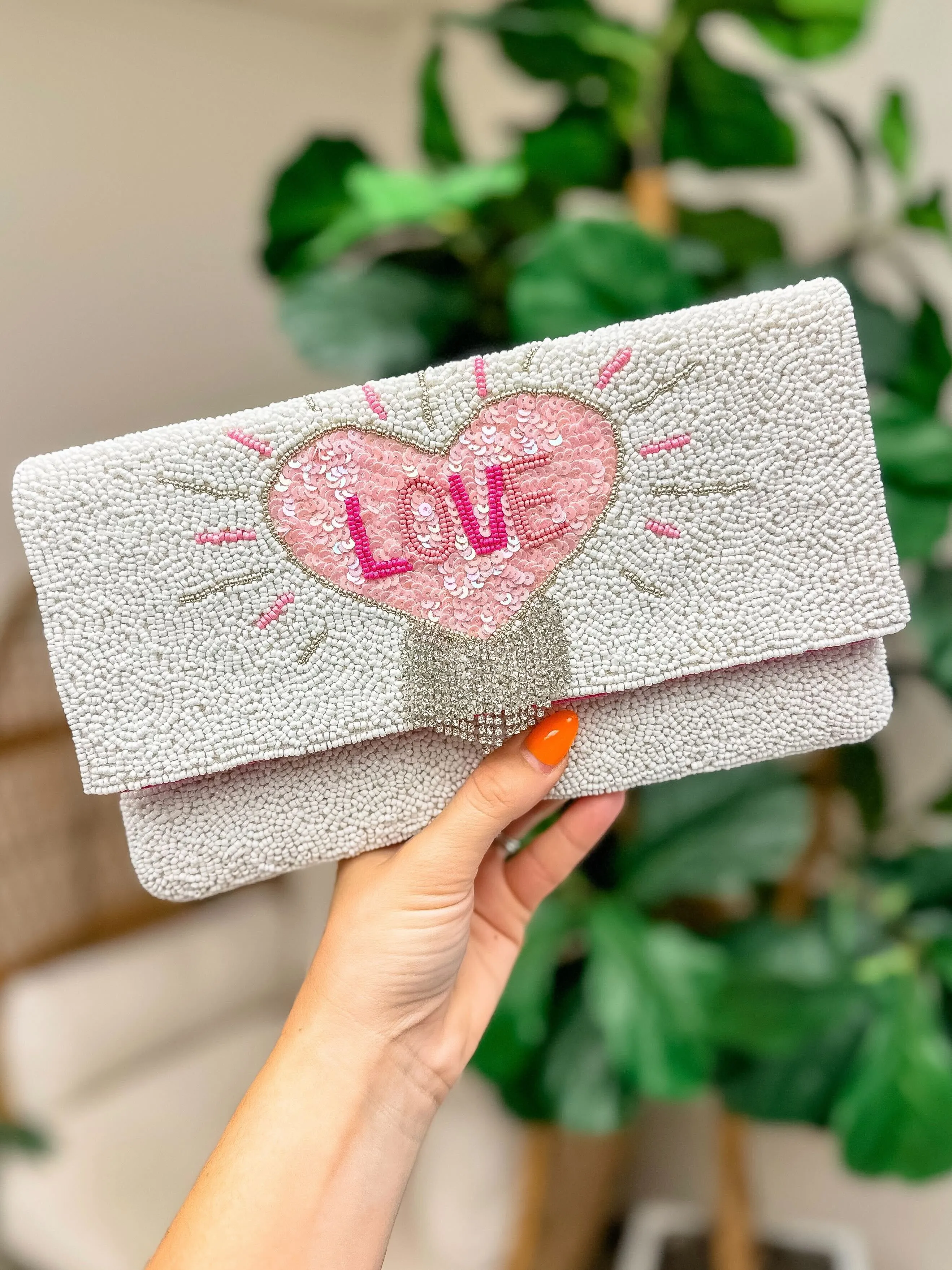 'Love' Heart Fringe Beaded Clutch