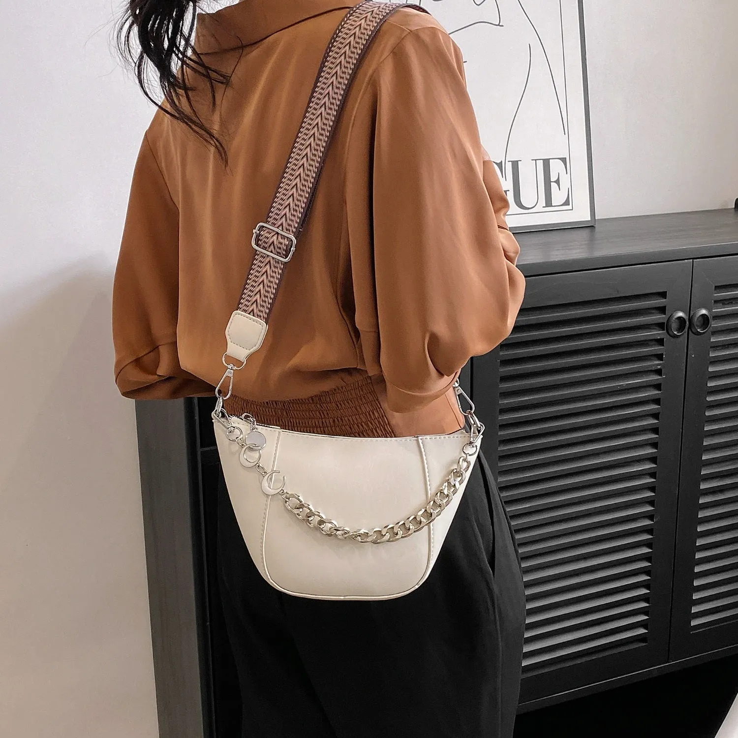 PU Leather Chain Trim Crossbody Bag